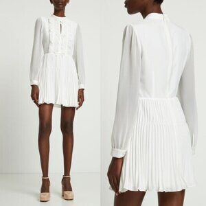 Self-Portrait Crepe Mini Dress White Ruffled Bib Bow Detail Pleated Sz 6